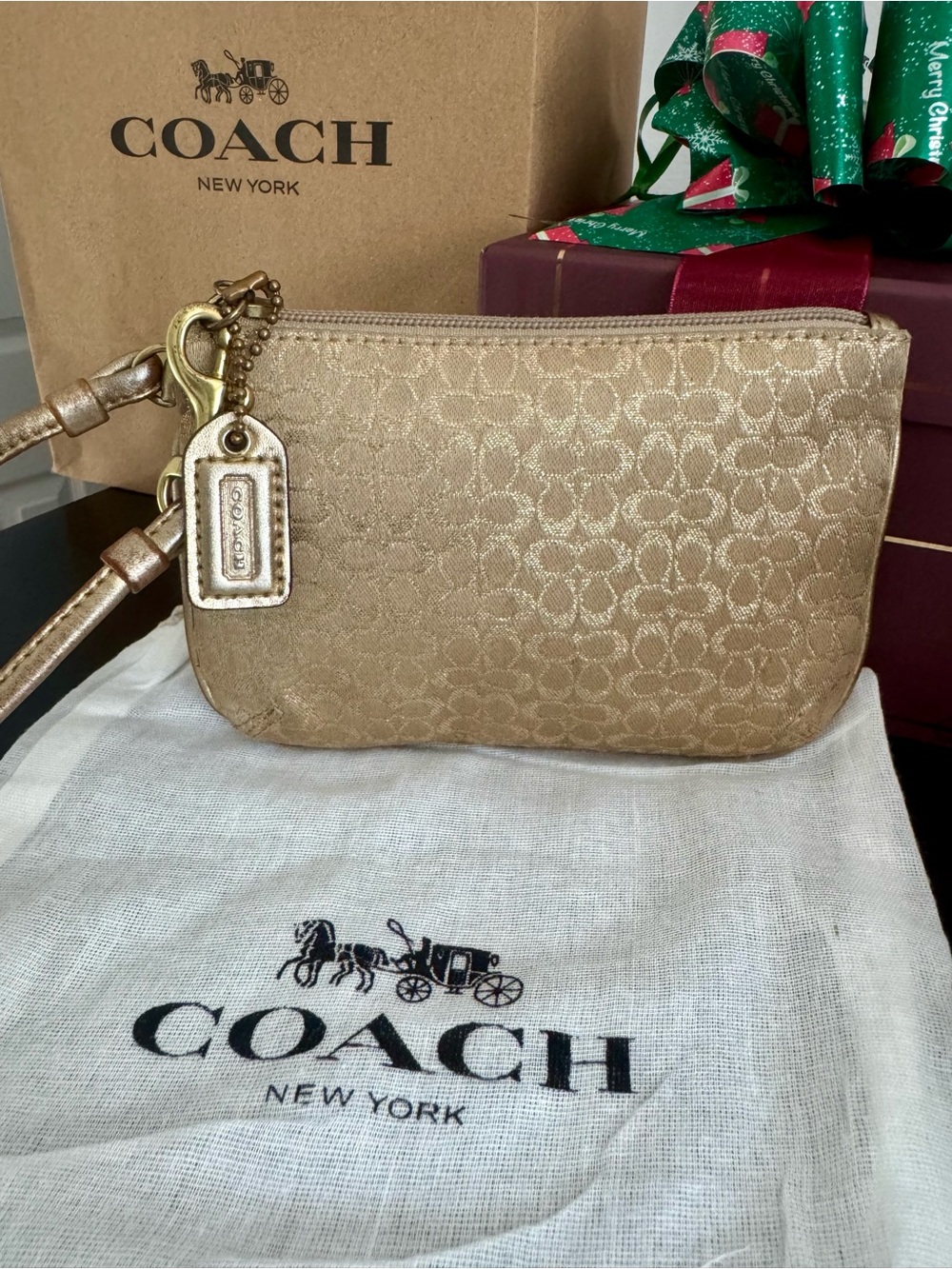 COACH Metallic Gold Signature Jacquard Wristlet Pouch + Dust Bag